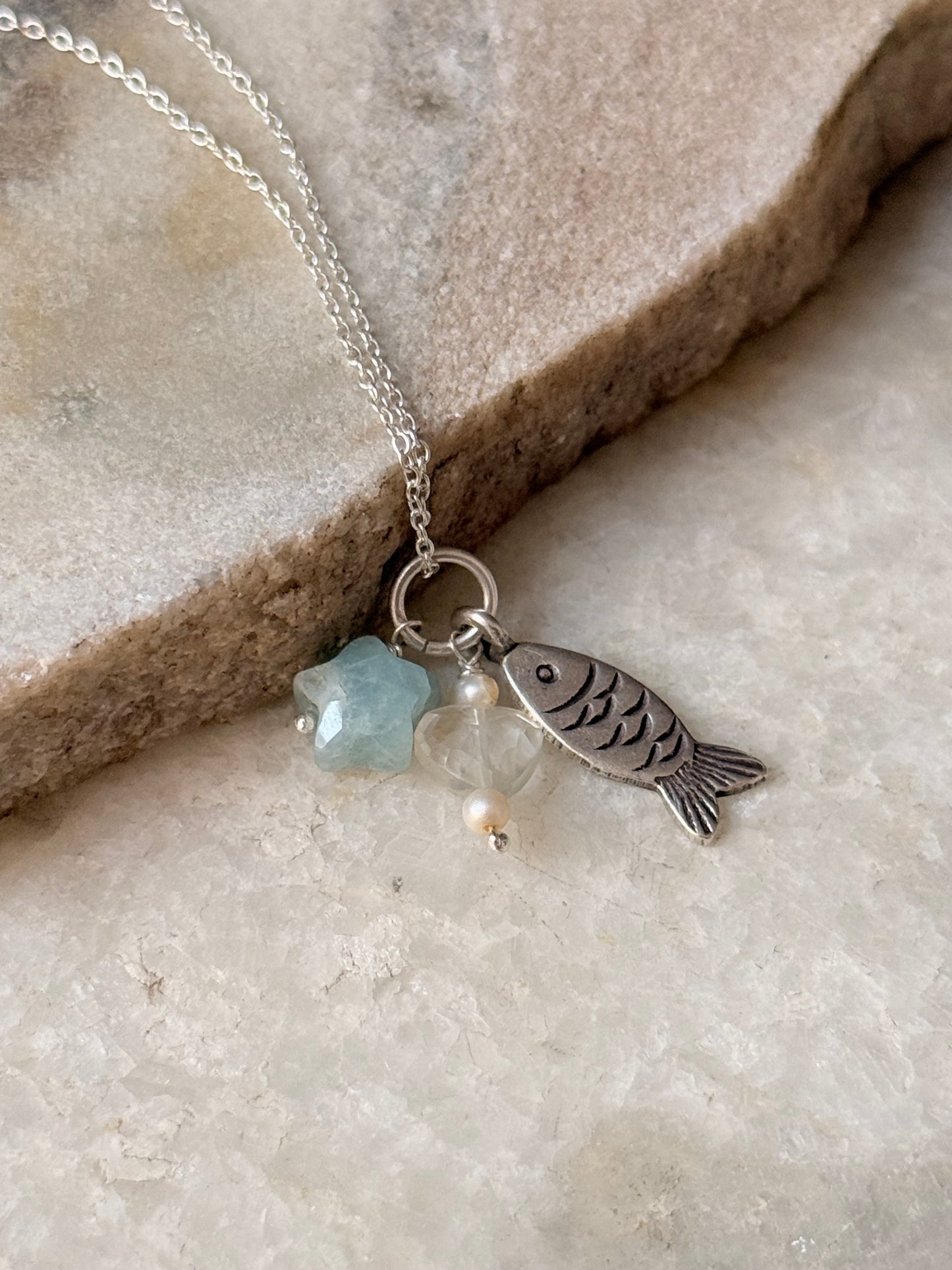 925 Sterling Silver Fish, Grey Moonstone Heart , Fresh Water Pearls and Aquamarine Star Necklace