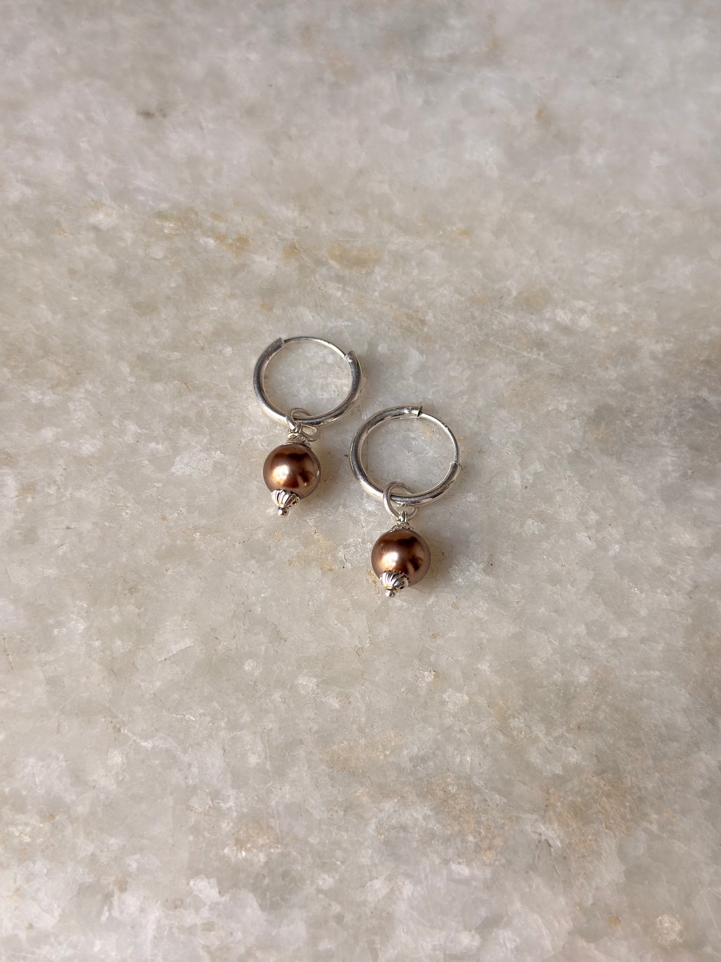 Brown Faux Pearl Charm 925 Sterling Silver Hoops