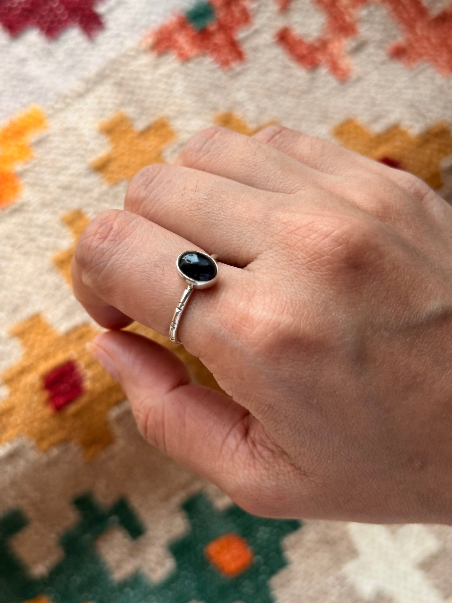 925 Sterling Silver Star Black Onyx Oval Engraved Adjustable Ring