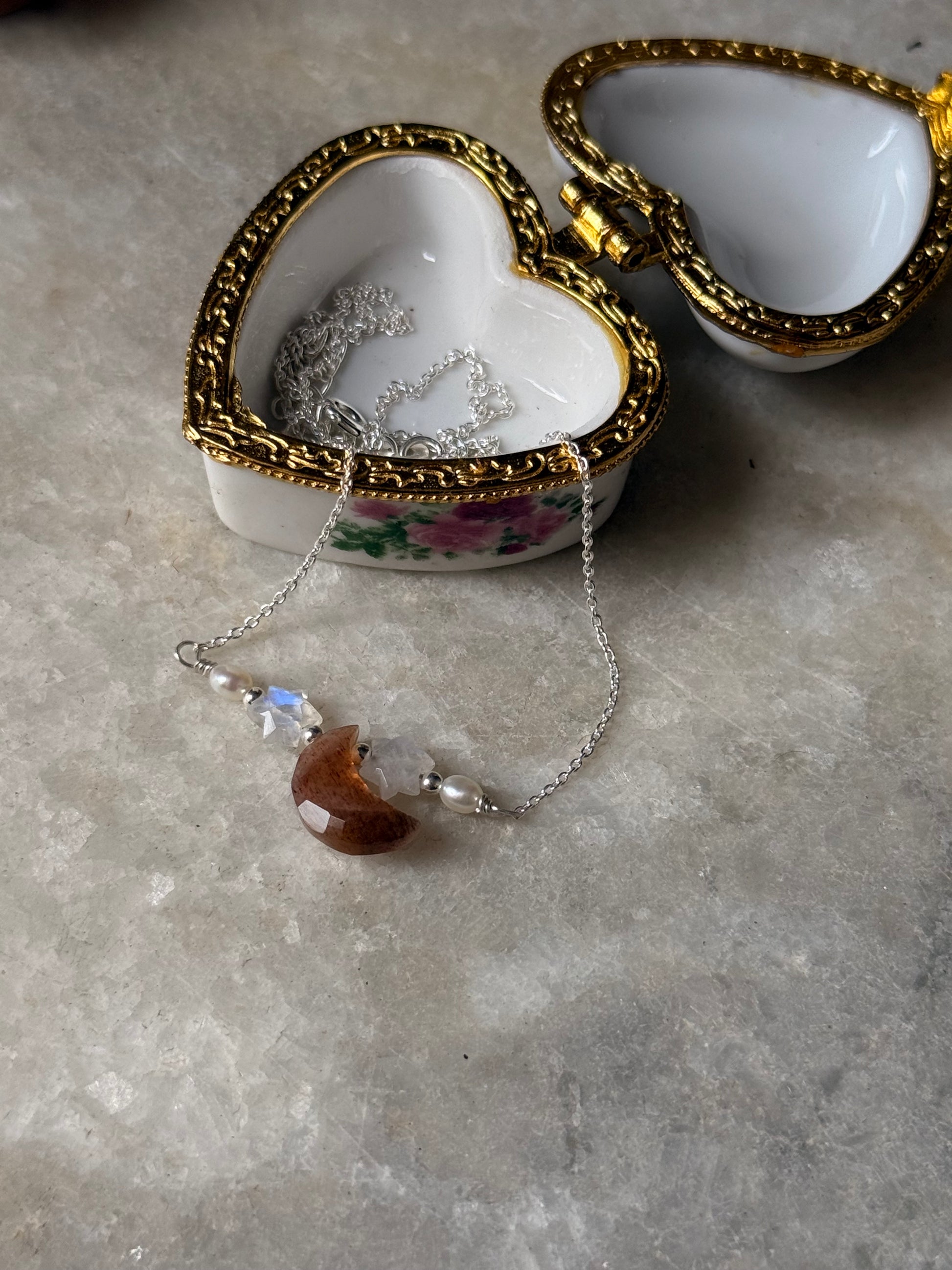 925 Sterling Silver Golden, Moonstone, Pearls Necklace