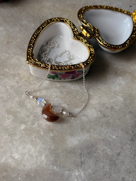 925 Sterling Silver Golden, Moonstone, Pearls Necklace