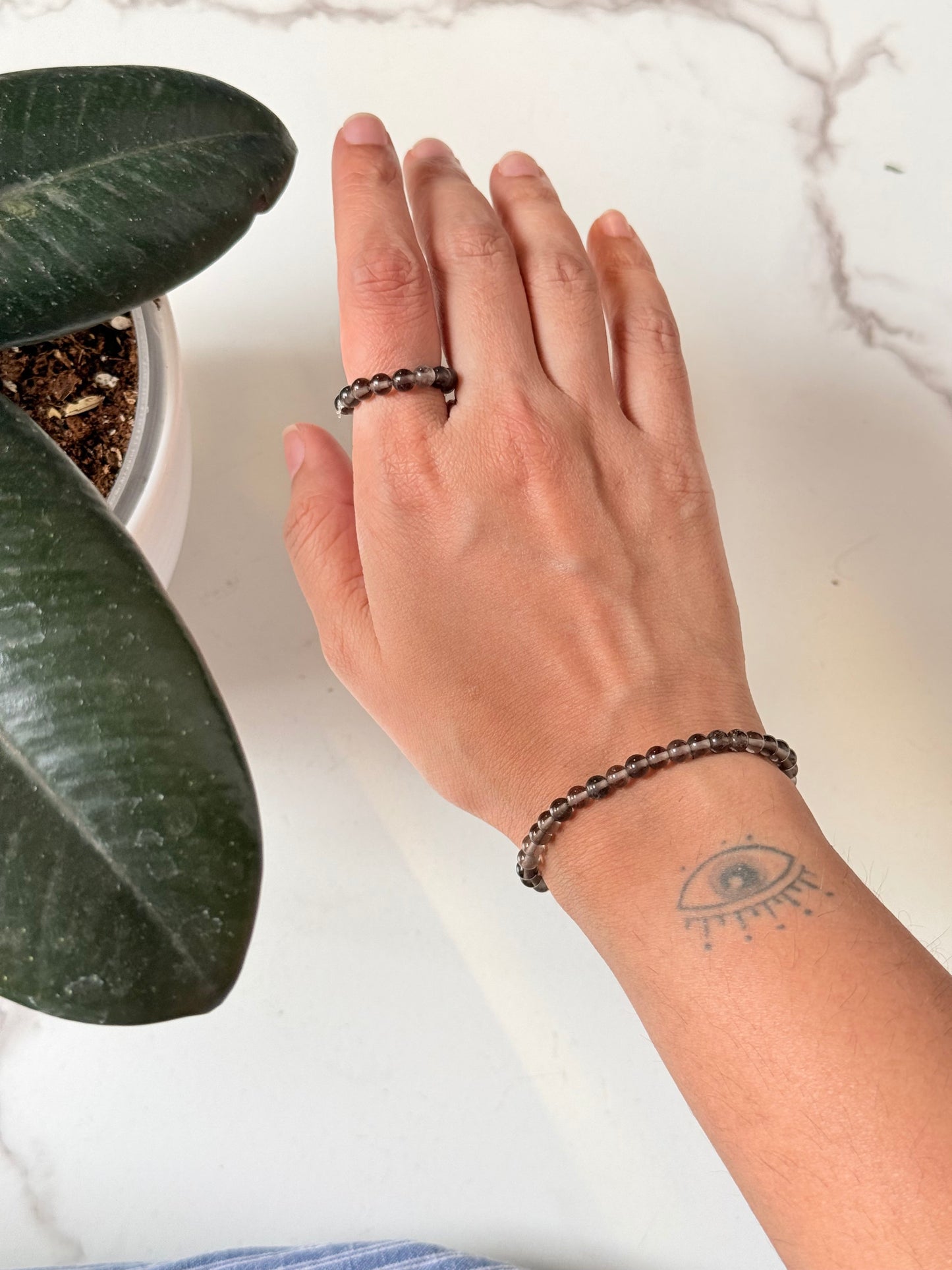 Natural Crystal Smokey Quartz 4mm Stretchy Ring & Bracelet