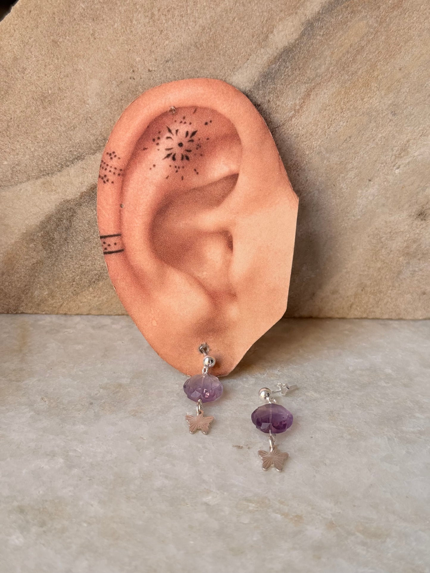 925 Sterling Silver Amethyst Floral Charm Butterfly Handcrafted Studs