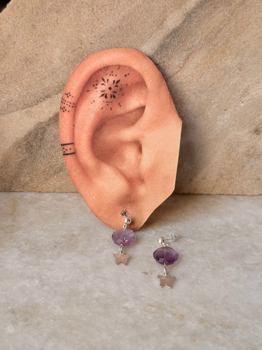 925 Sterling Silver Amethyst Floral Charm Butterfly Handcrafted Studs