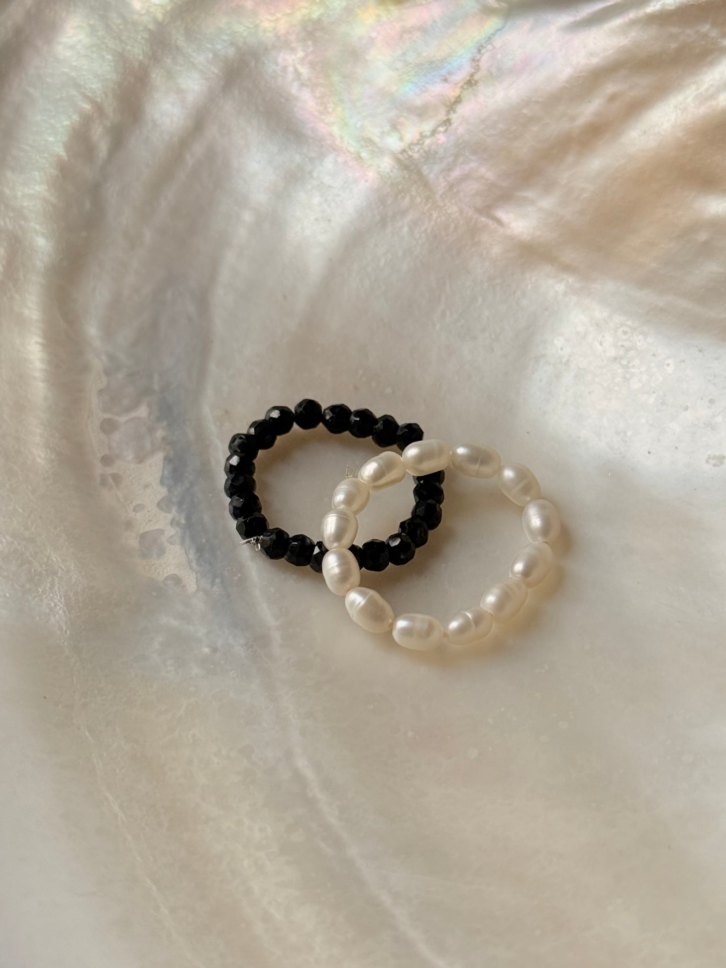 Natural Crystal Stretchy Black Spinel 3-4mm & Fresh Water Pearl Rings