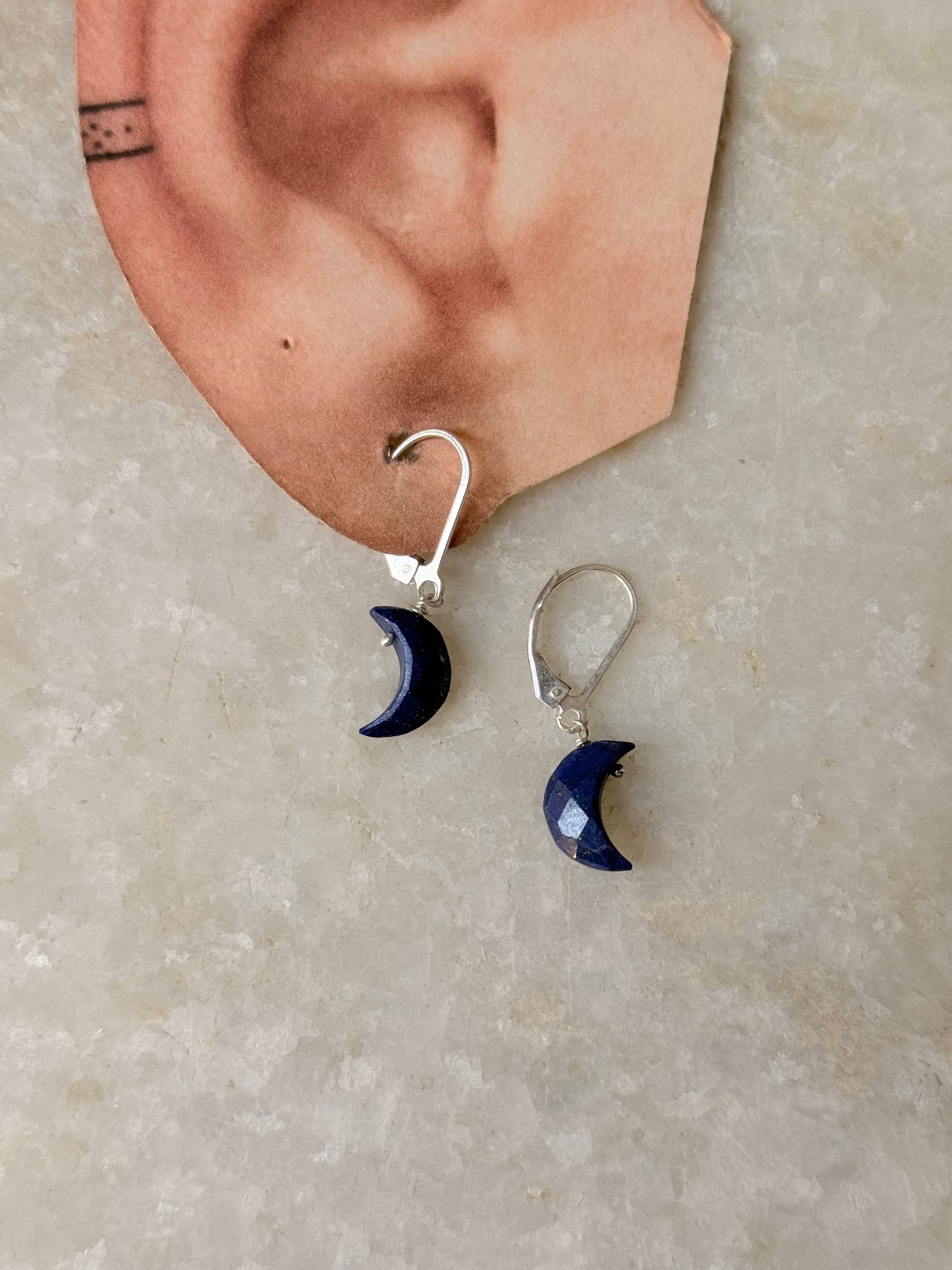 925 Sterling Silver Lapis Lazuli Moon Lever Back Earrings