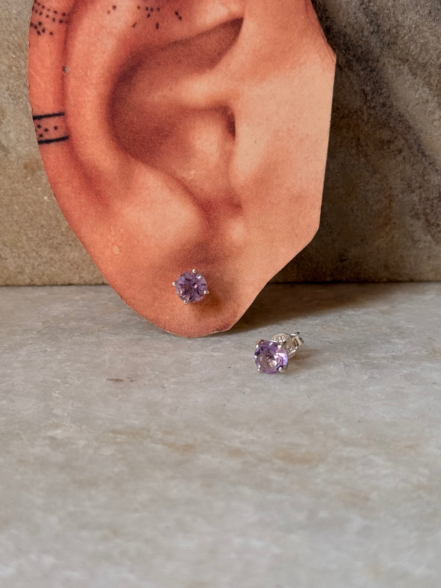 925 Sterling Silver Amethyst Round Cut 6MM Studs Earrings