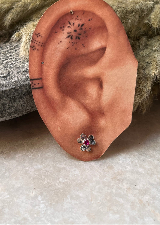 925 Sterling Silver lab grown ruby flower stud earrings  