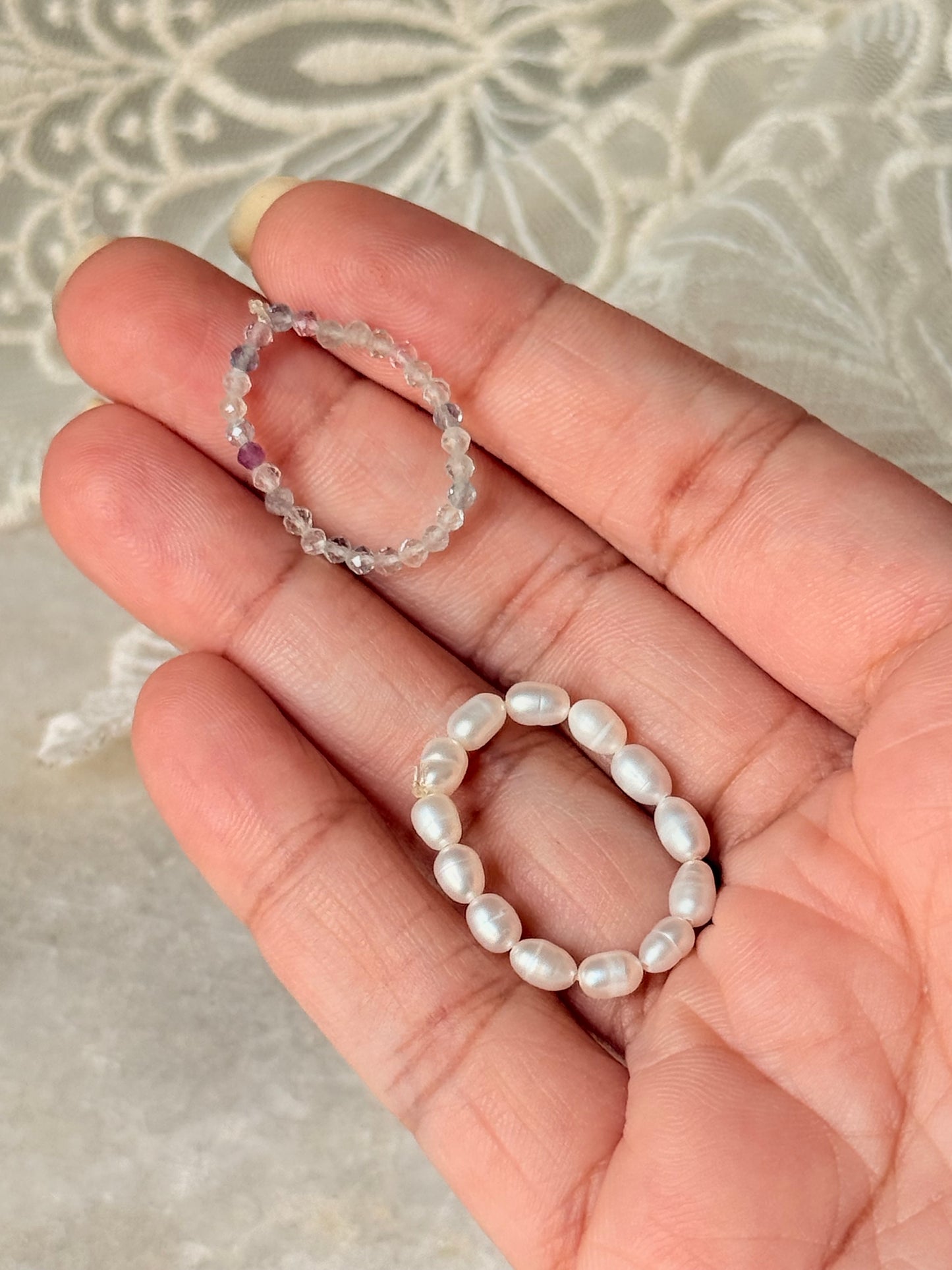 Natural Crystal Stretchy Fresh Water Pearl & Fluorite Rings