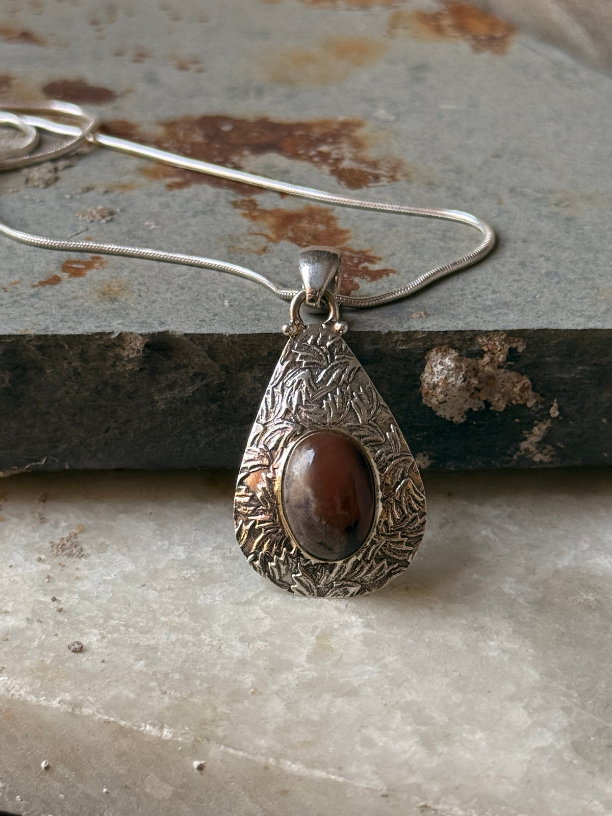 925 Sterling Silver Brown Agate Oval Stone Textured Pear Handcrafted Pendant
