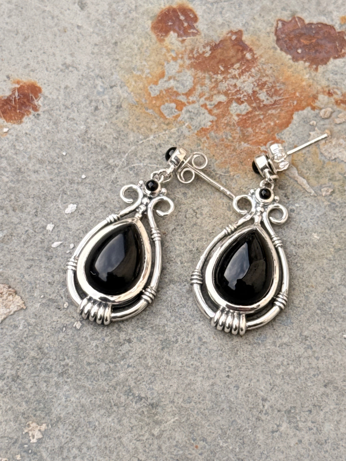 925 Sterling Silver Black Onyx Pear Gothic Handcrafted Studs Earrings