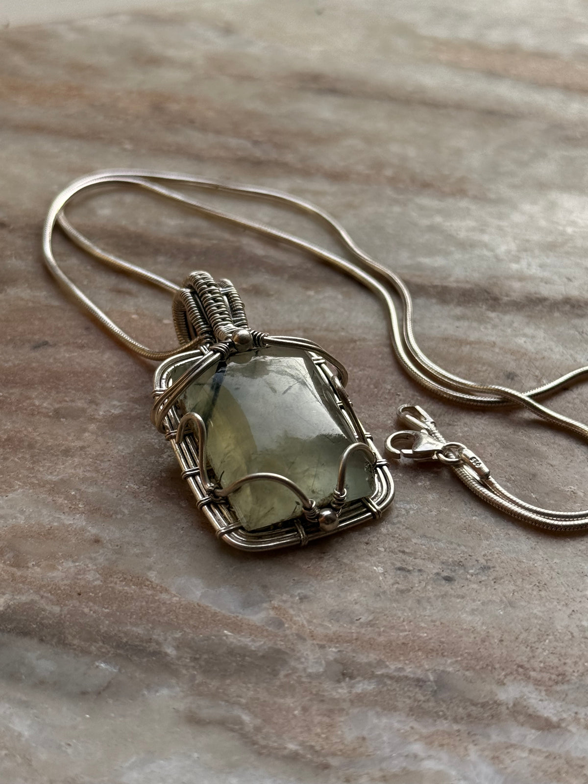 925 Sterling Silver Pherenite  Rectangle Wire Wrapped Handcrafted One of a Kind Pendant