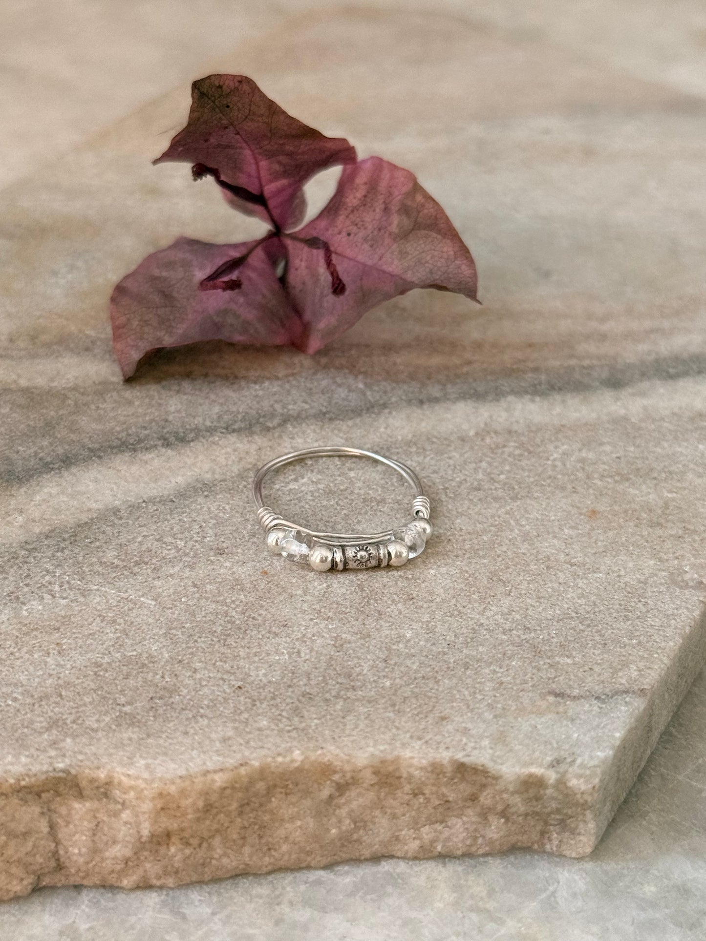 925 Sterling Silver Clear Quartz Sun Engraved Silver Bead Wire Wrapped Handcrafted Ring