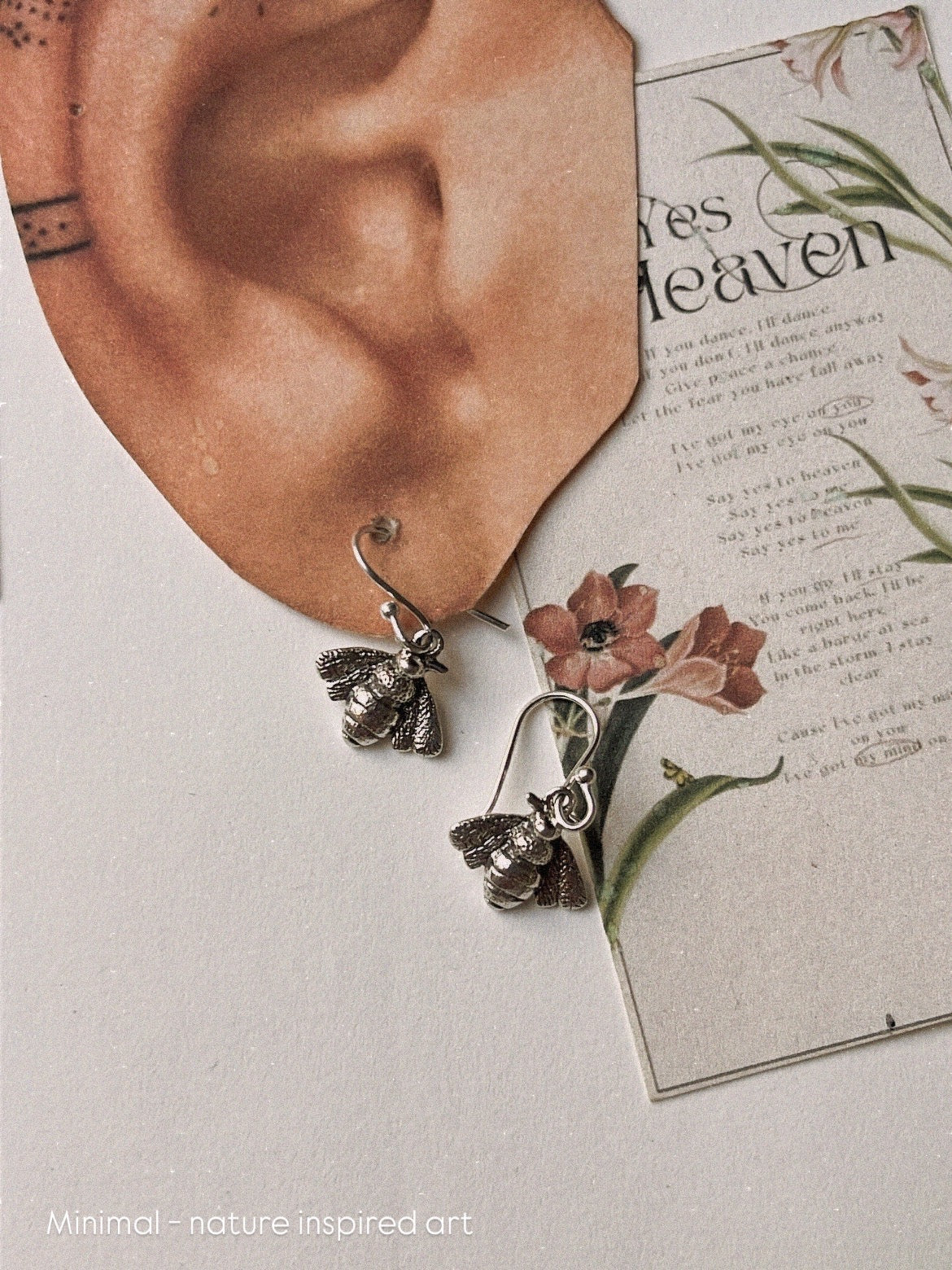 Minimalist bee charm silver hook earrings handcrafted  