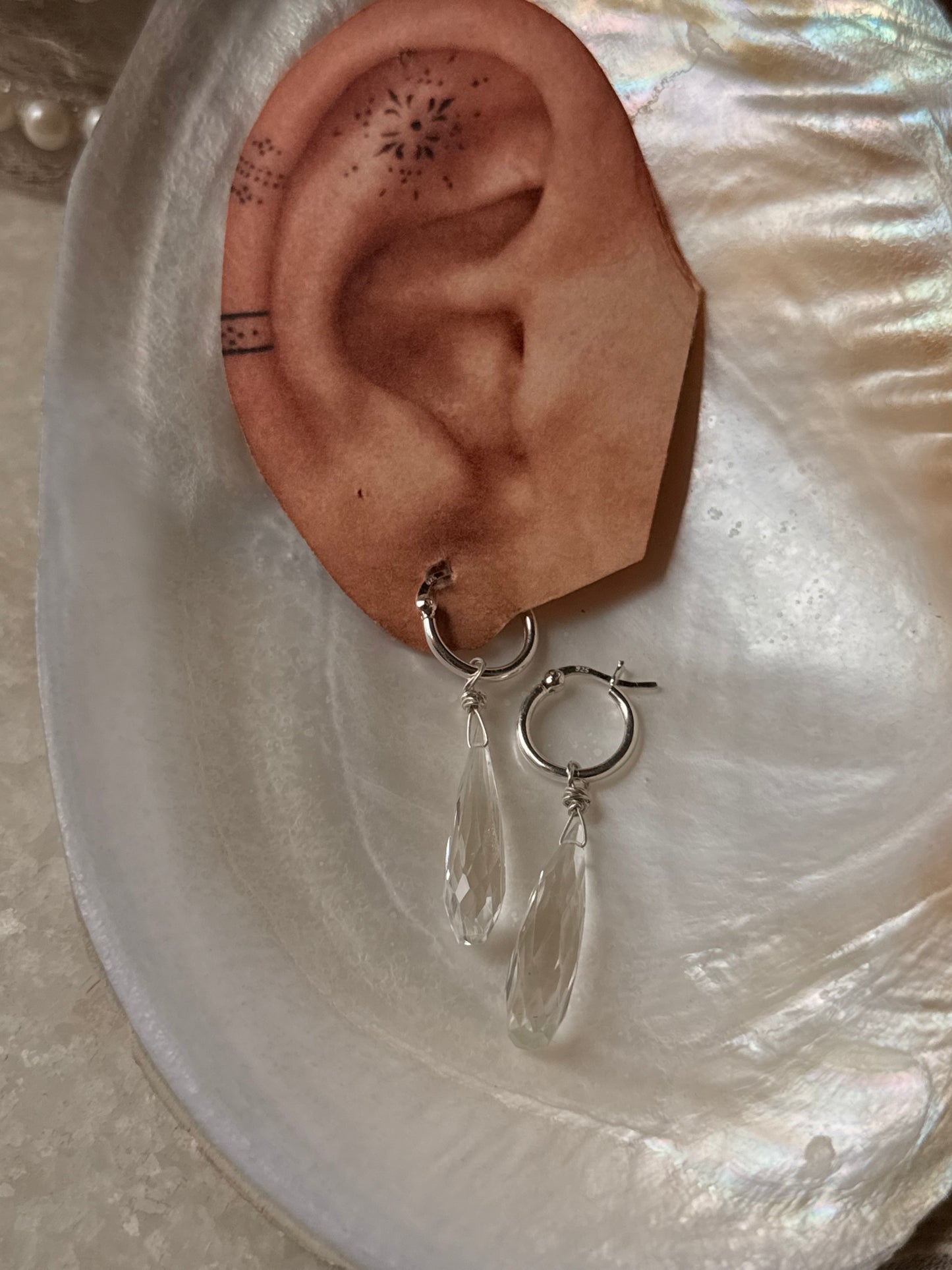 925 Sterling Silver Clear Quartz Drop Carved Charm Italian Hoops Handcrafted