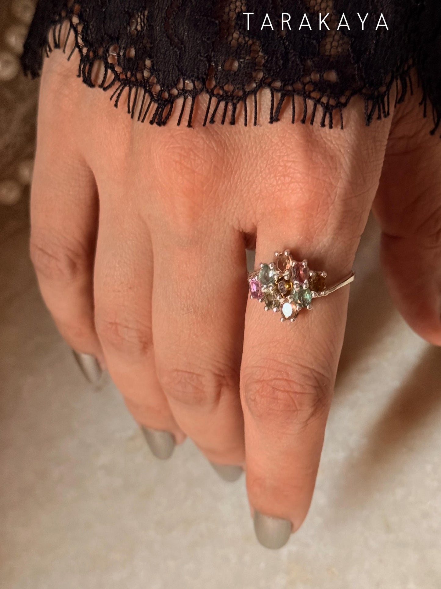 925 Sterling Silver Multi Tourmaline Flower Statement Ring