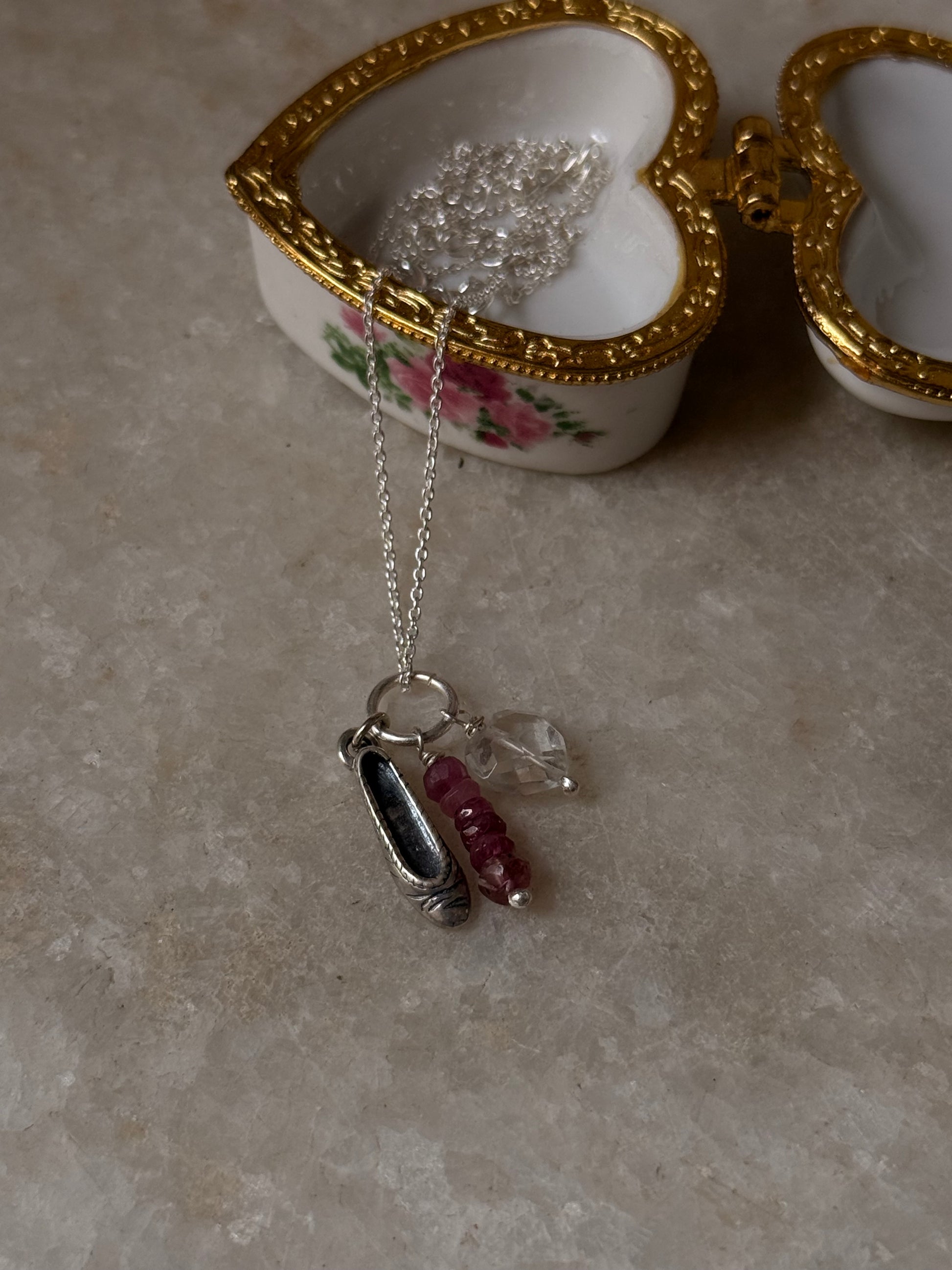 925 Sterling Silver Ballet shoe, Clear Quartz, Pink Tourmaline Charm