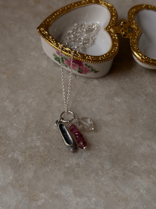 925 Sterling Silver Ballet shoe, Clear Quartz, Pink Tourmaline Charm