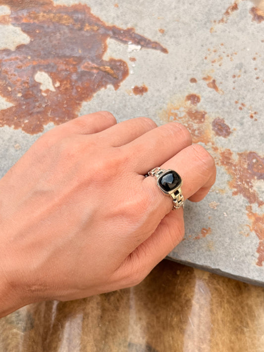 925 Sterling Silver Black Onyx Cuban Link Band Unisex  Ring
