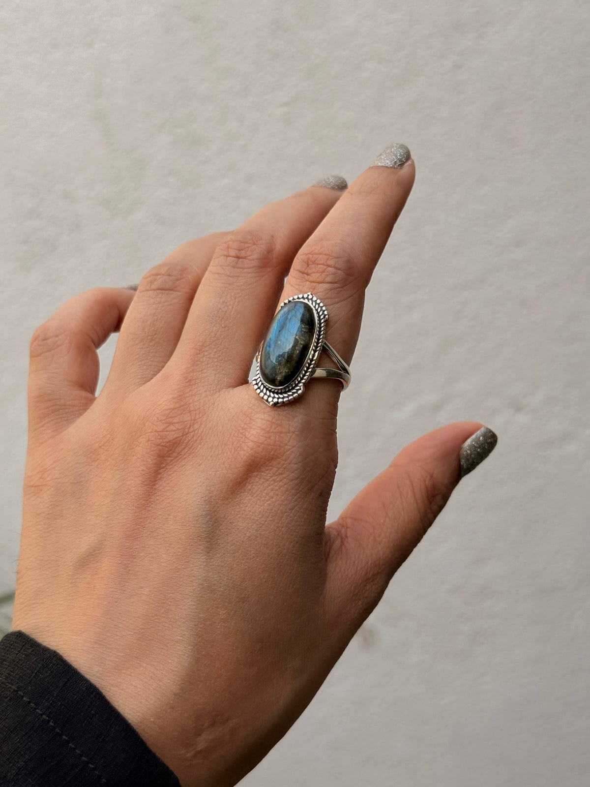 925 Sterling Silver Labradorite Oval Boho Ring