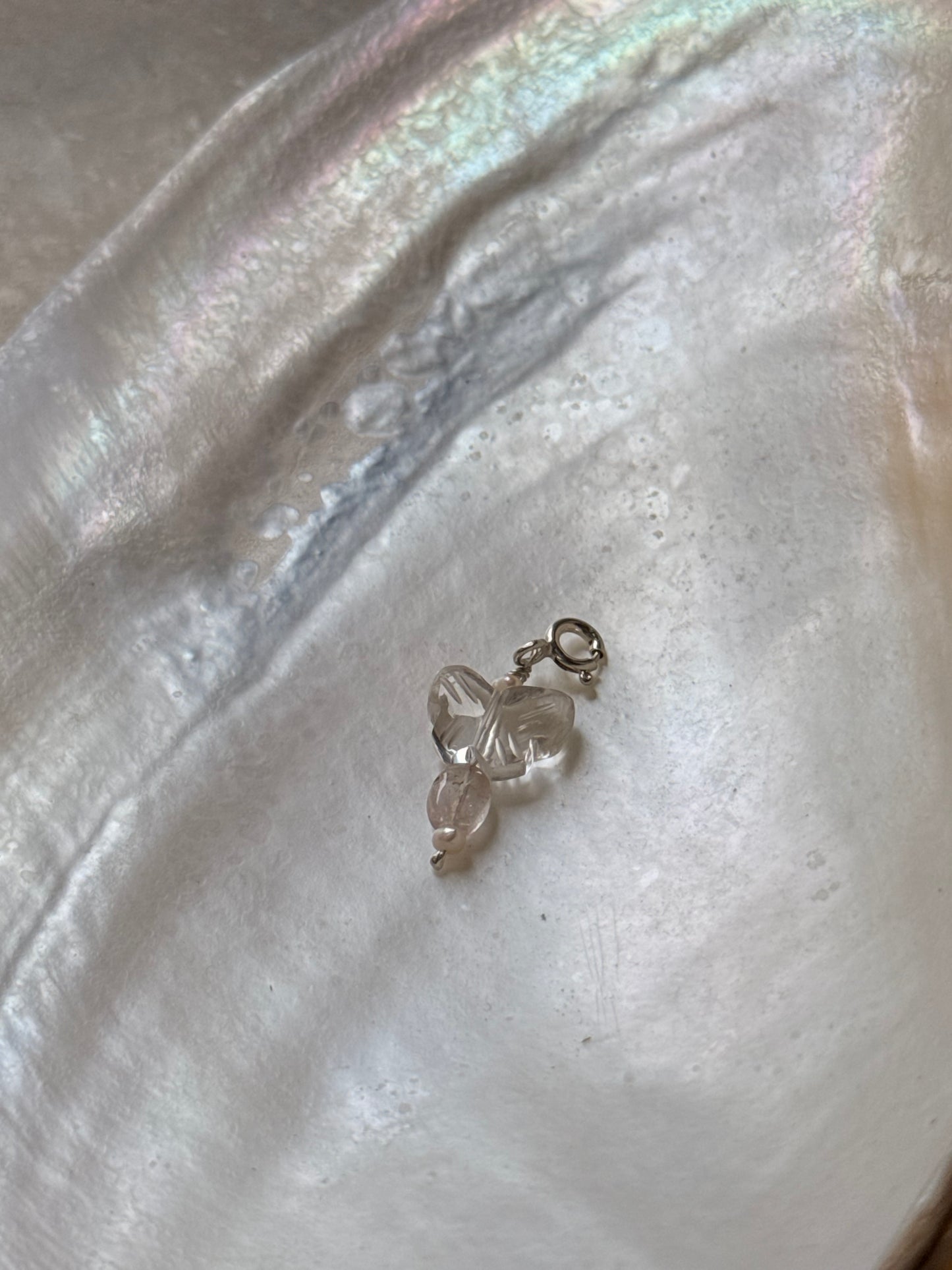 925 Sterling Silver Clear Quartz Butterfly Carved -Pink Tourmaline & Pearls Wire Wrapped Handcrafted Pendant