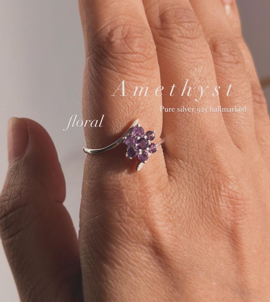 Amethyst Flower Ring Set in Silver