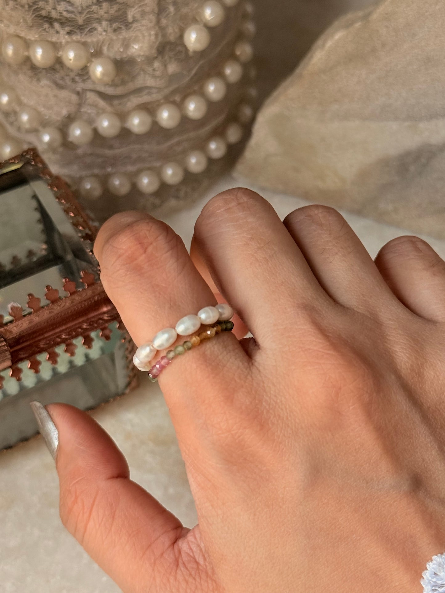 Natural Crystal Stretchy Fresh Water Pearls & Multi Tourmaline Rings