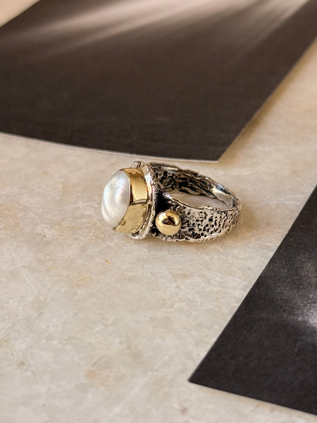 925 Sterling Silver Baroque Pearl Rustic Fusion Handcrafted Ring