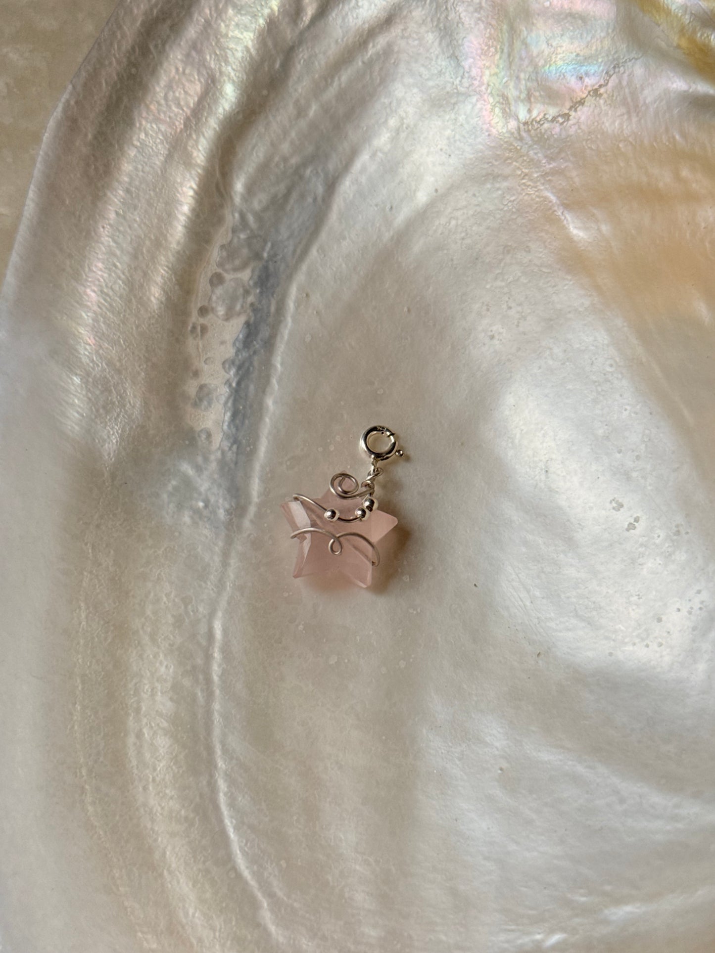 925 Sterling Silver Rose Quartz Star Carved -Wire Wrapped Handcrafted Pendant