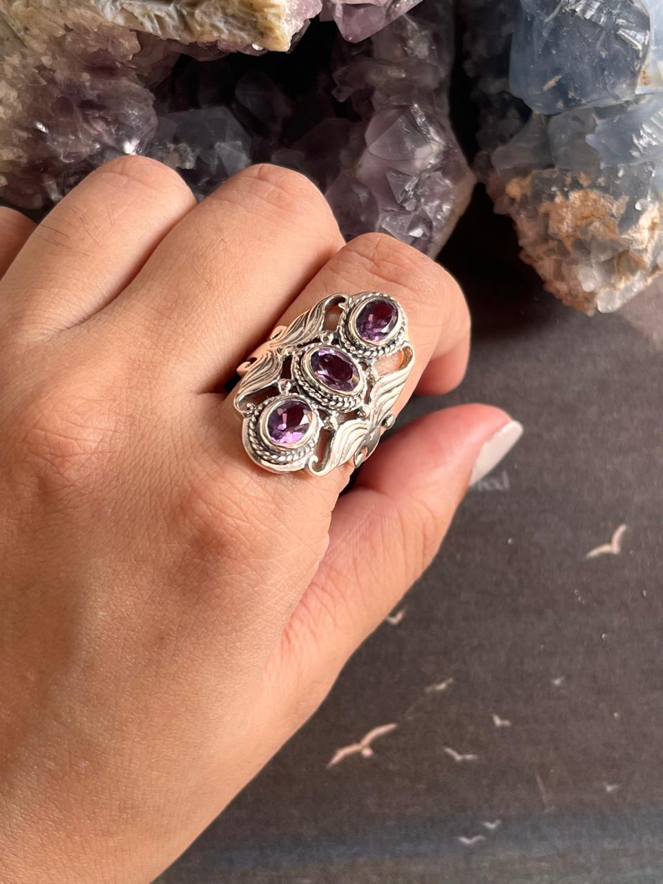 Amethyst 3 Stone Silver Ring for Bold Style 