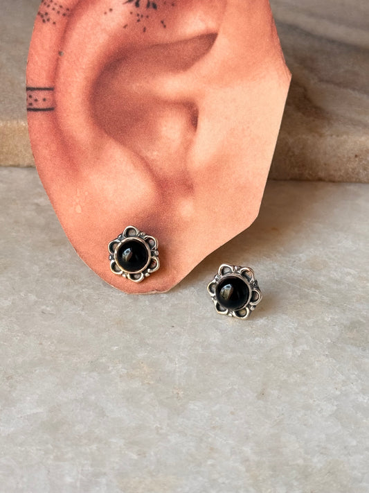 925 Sterling Silver Black Onyx Big Flower Studs Earrings