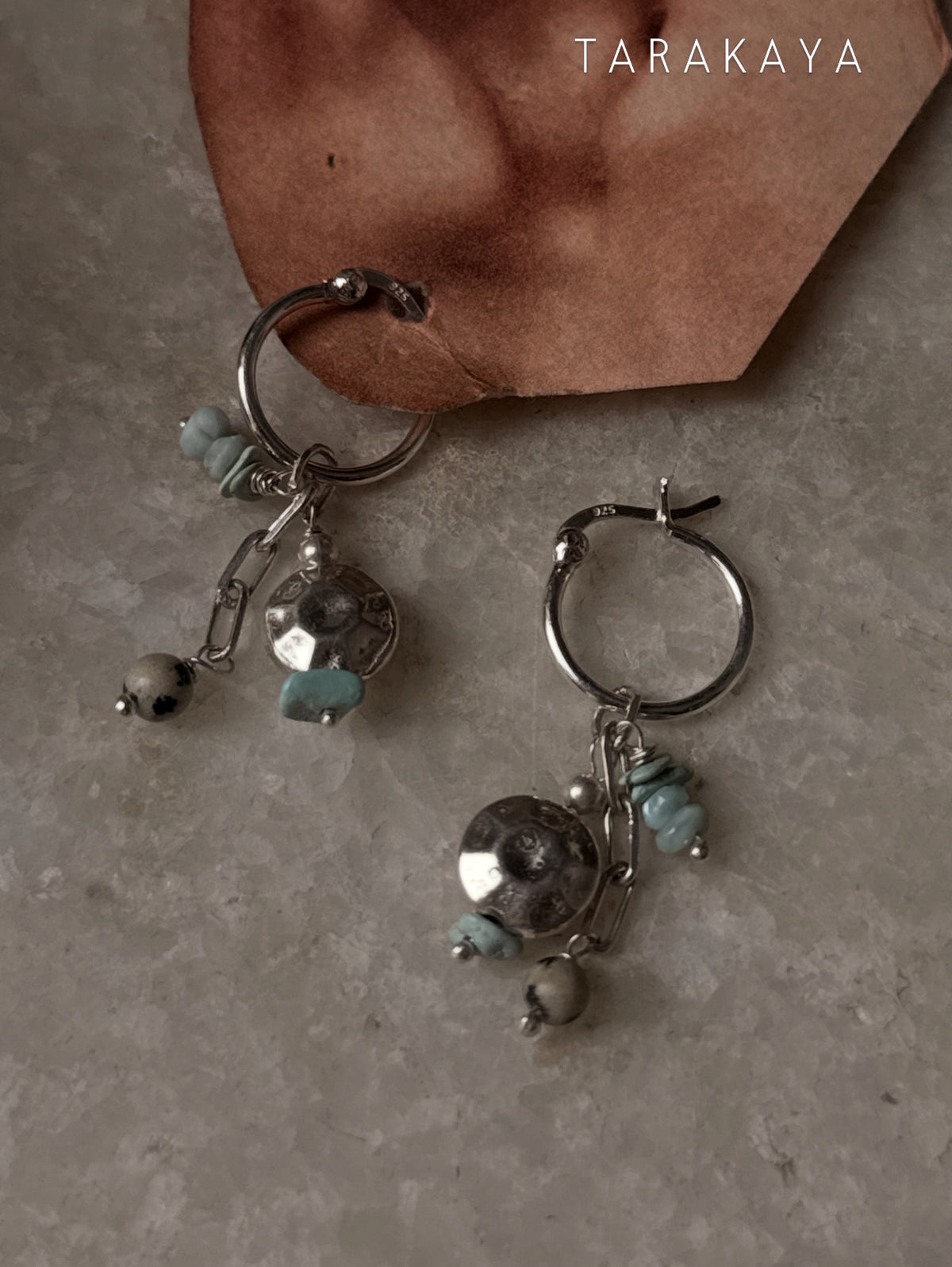 925 Sterling Silver Larimar, Turquoise, Dalmatian Jasper With Paper Clip Chain Earrings