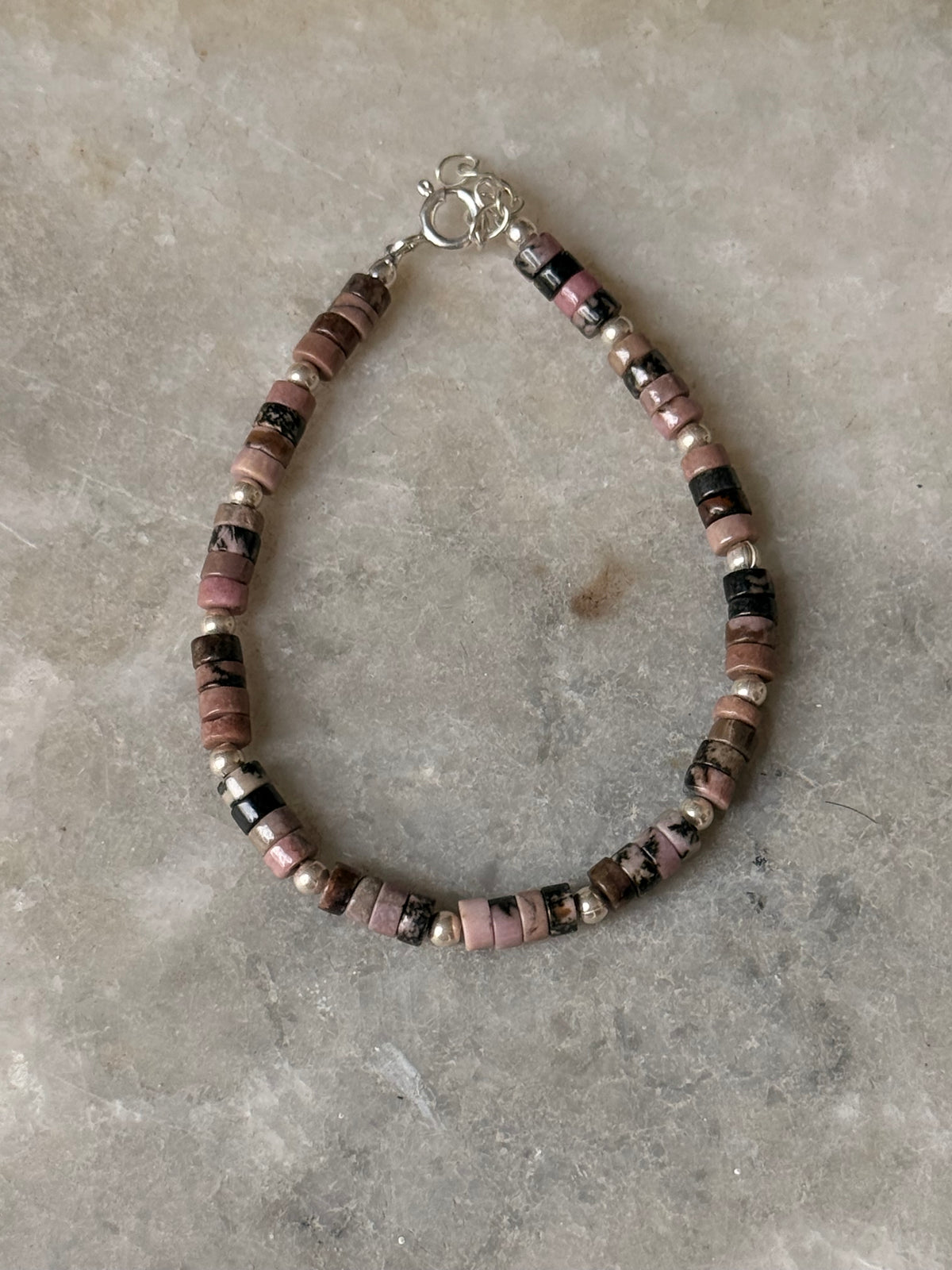 925 Sterling Silver Rhodonite Flat Tube Crystal Silver Balls Bracelet