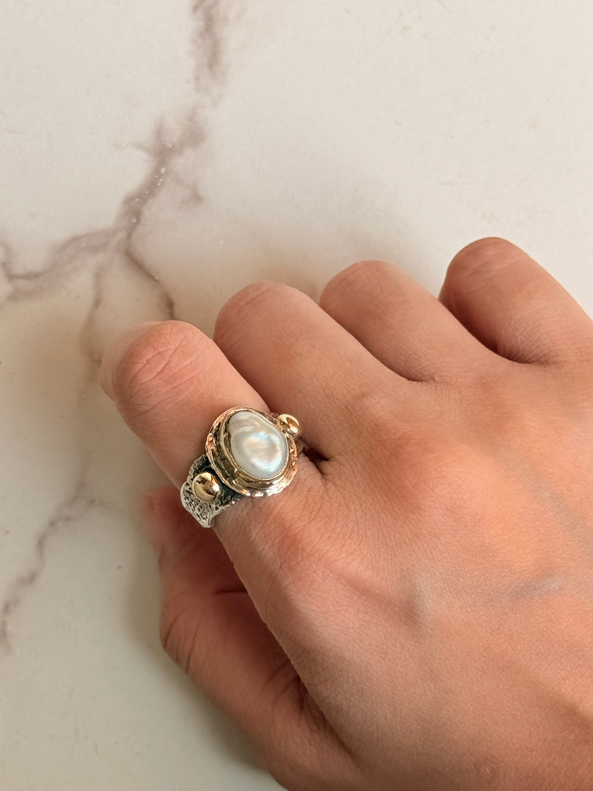 925 Sterling Silver Baroque Pearl Rustic Fusion Handcrafted Ring