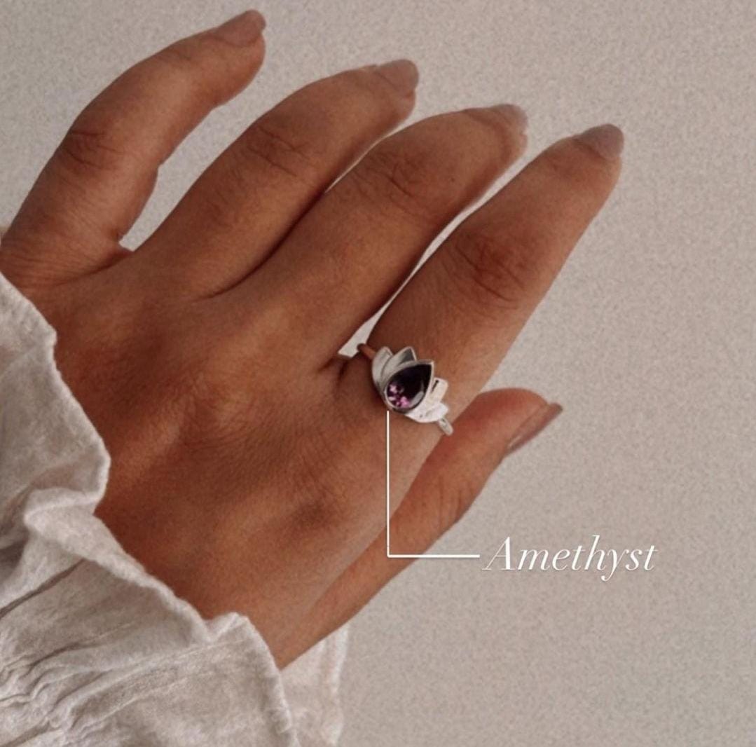 Handmade Amethyst Divine Lotus Ring in Silver 
