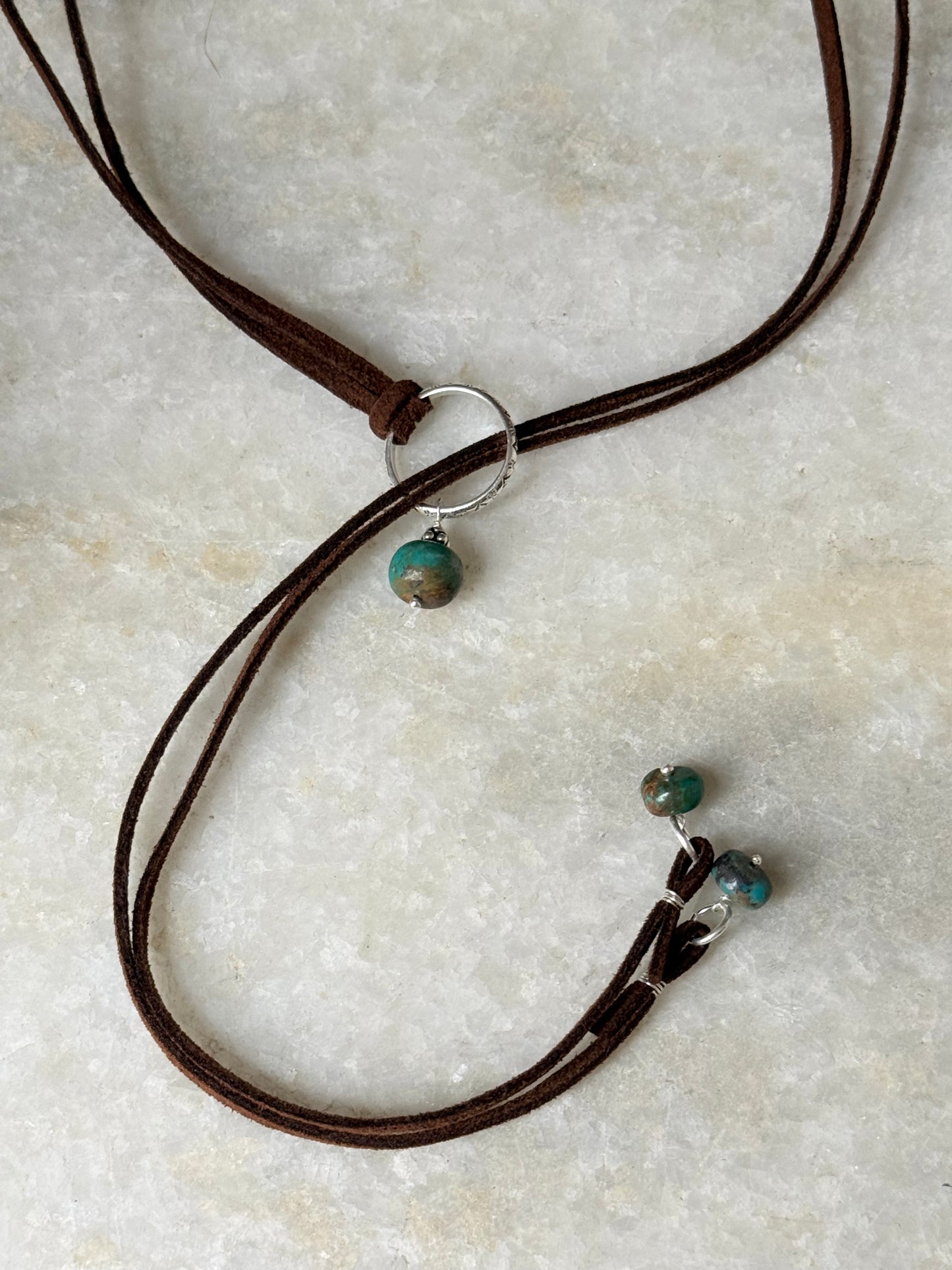 925 Sterling Silver Tribal Engraved with Turquoise Charm Brown Cord Leather Necklace
