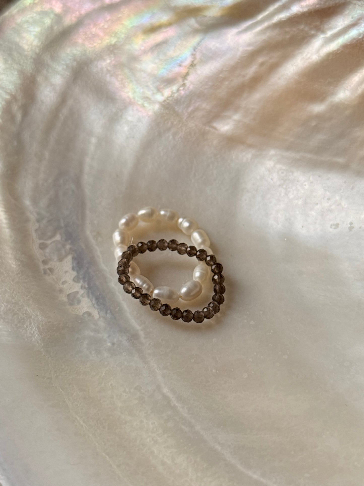 Natural Crystal Stretchy Smokey Quartz 2mm & Fresh Water Pearl Rings