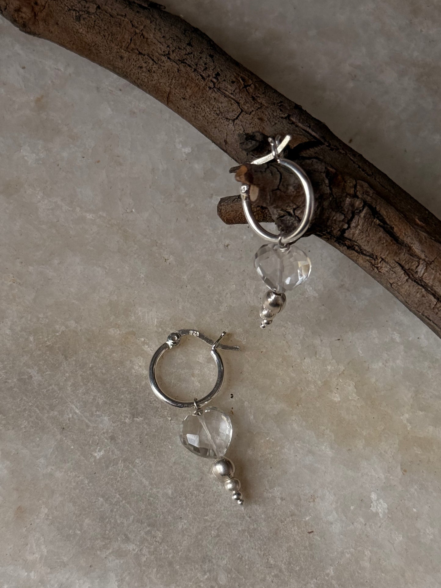 925 Sterling Silver Clear Quartz Heart, Balls Italian Hoops