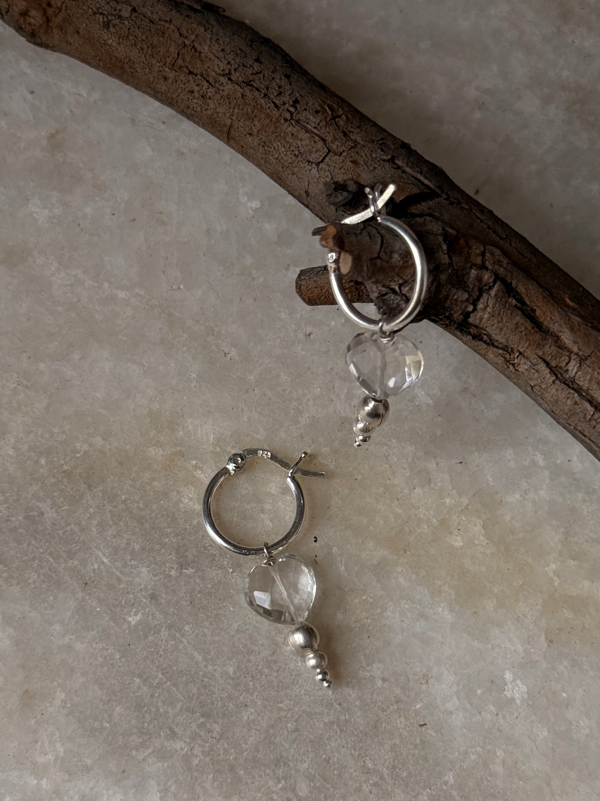 925 Sterling Silver Clear Quartz Heart, Balls Italian Hoops