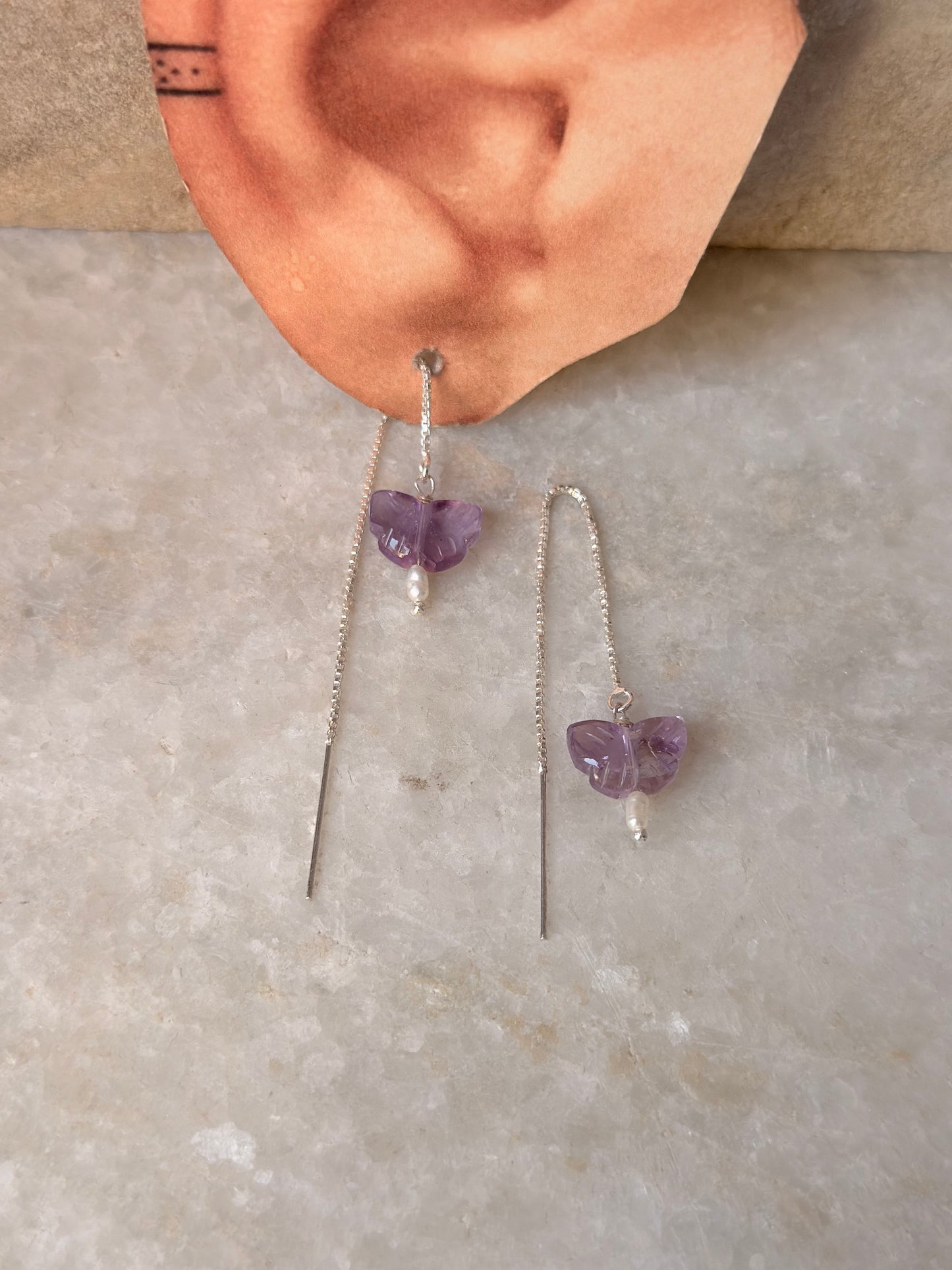 925 Sterling Silver Amethyst Butterfly & Pearl Threader Earrings
