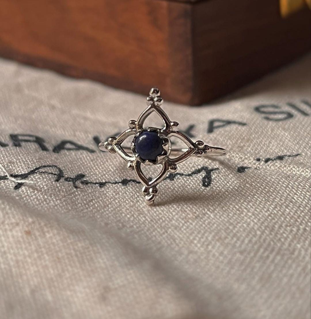 Lapis Lazuli Flower Silver Ring for Spiritual Energy