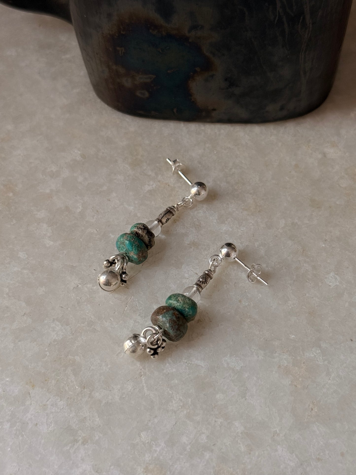 925 Sterling Silver Kingsman Turquoise, Clear Quartz , Sun Engraved Beads & Ghungroo Tribal Handcrafted Studs