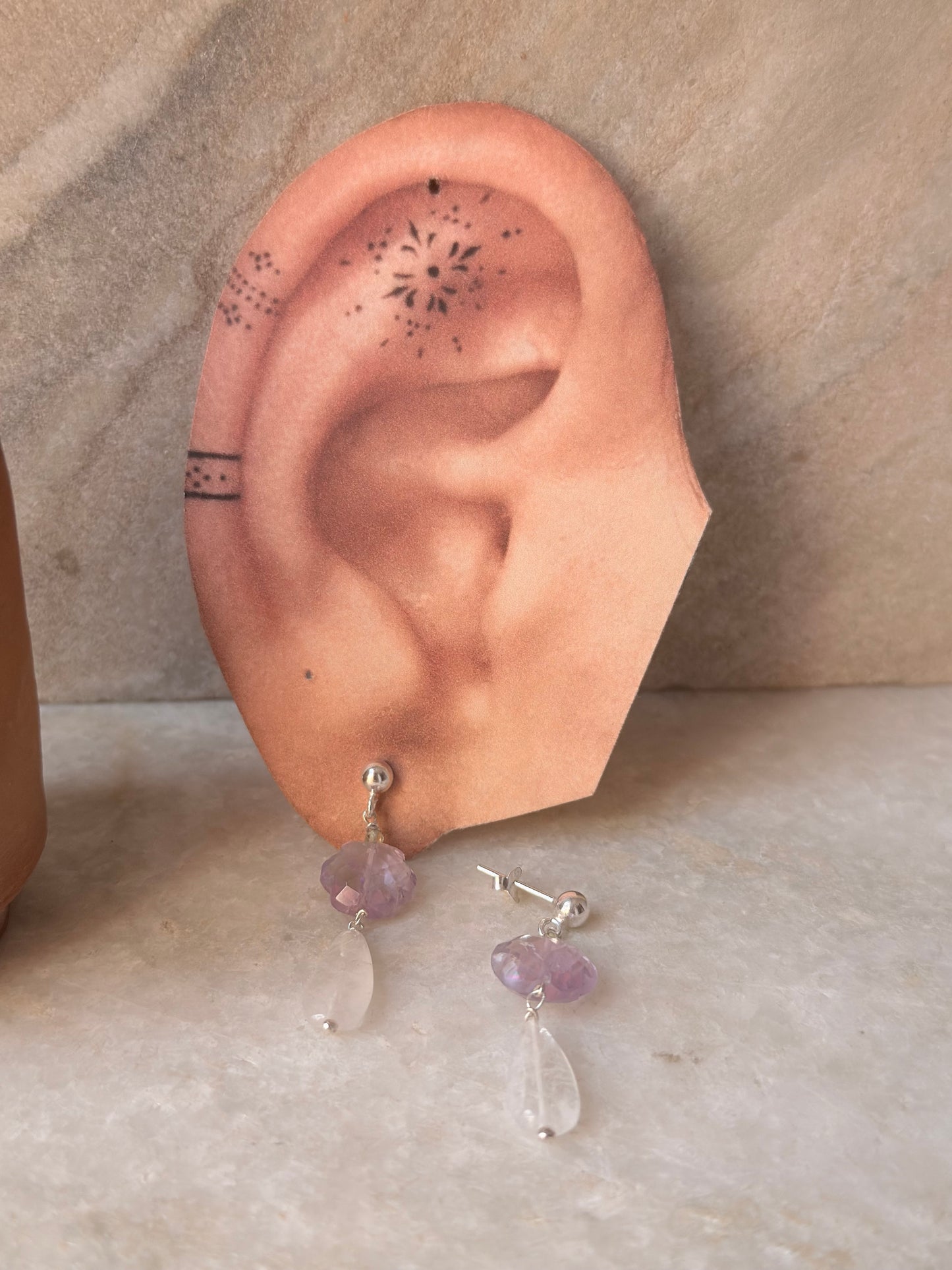 925 Sterling Silver Amethyst Flower , Peridot & Moonstone Earrings