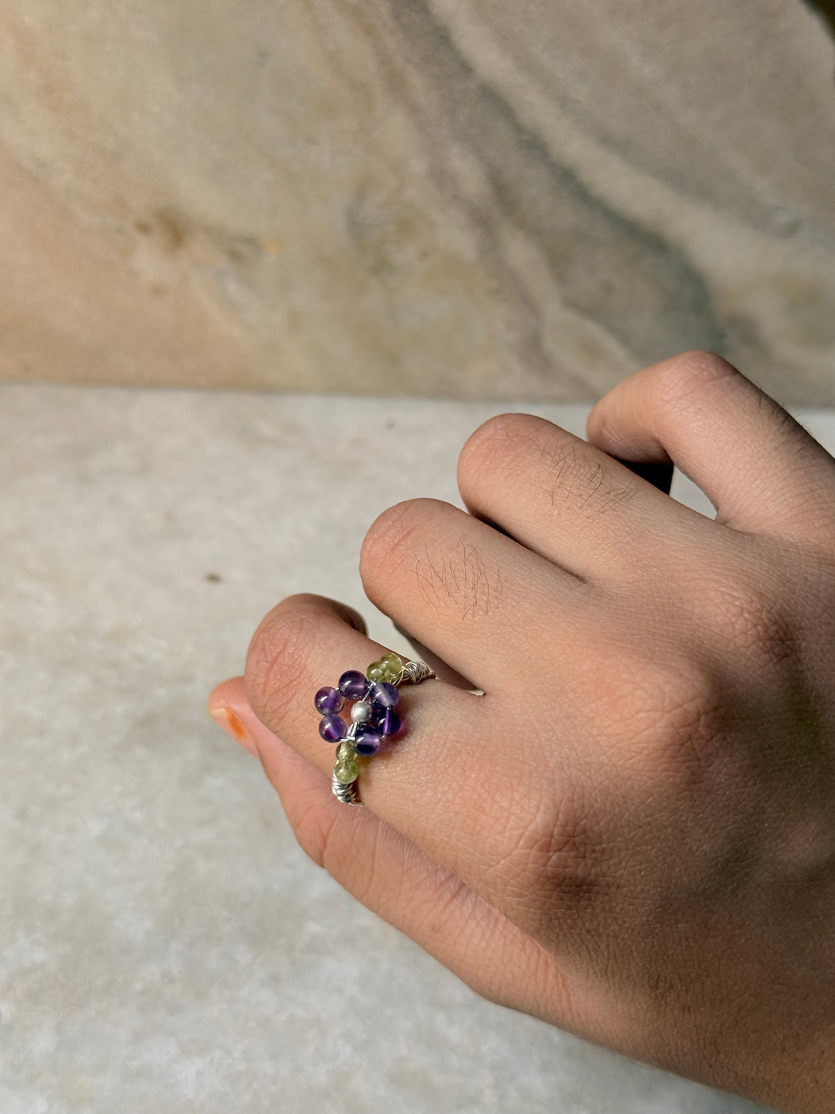 925 Sterling Silver Amethyst & Peridot Floral Wire Wrapped Handcrafted Ring