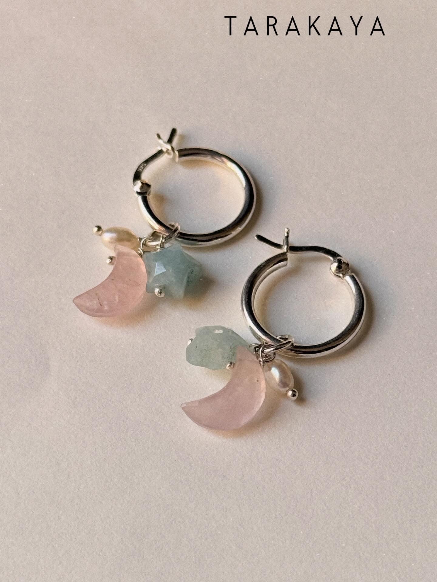 925 Sterling Silver Rose Quartz Moon, Aquamarine Star and Fresh Water Pearl Handcrafted Hoops