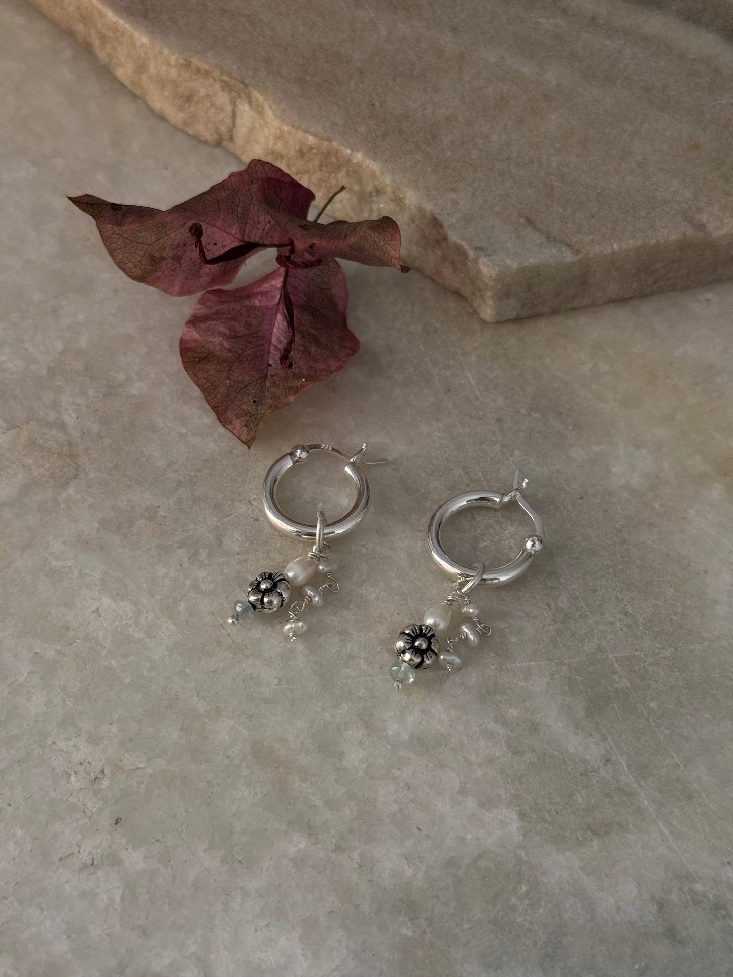 925 Sterling Silver Fresh Water Pearl, Aquamarine & Floral Hoops
