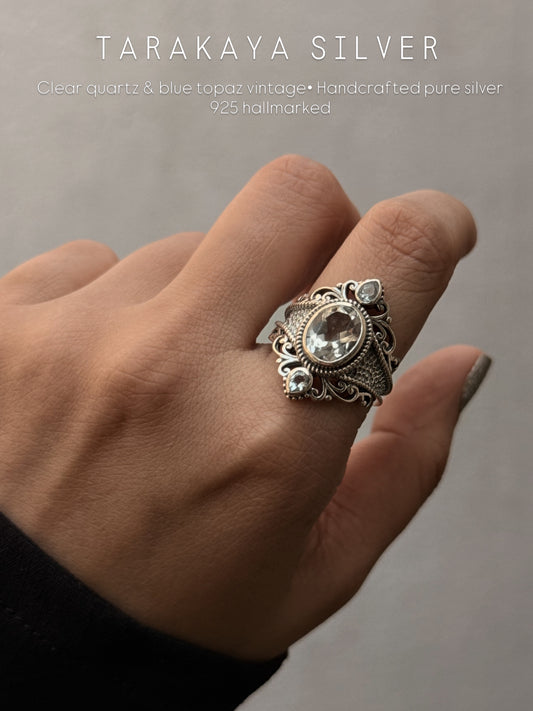 925 Sterling Silver Clear Quartz Blue Topaz Vintage Style Statement Ring