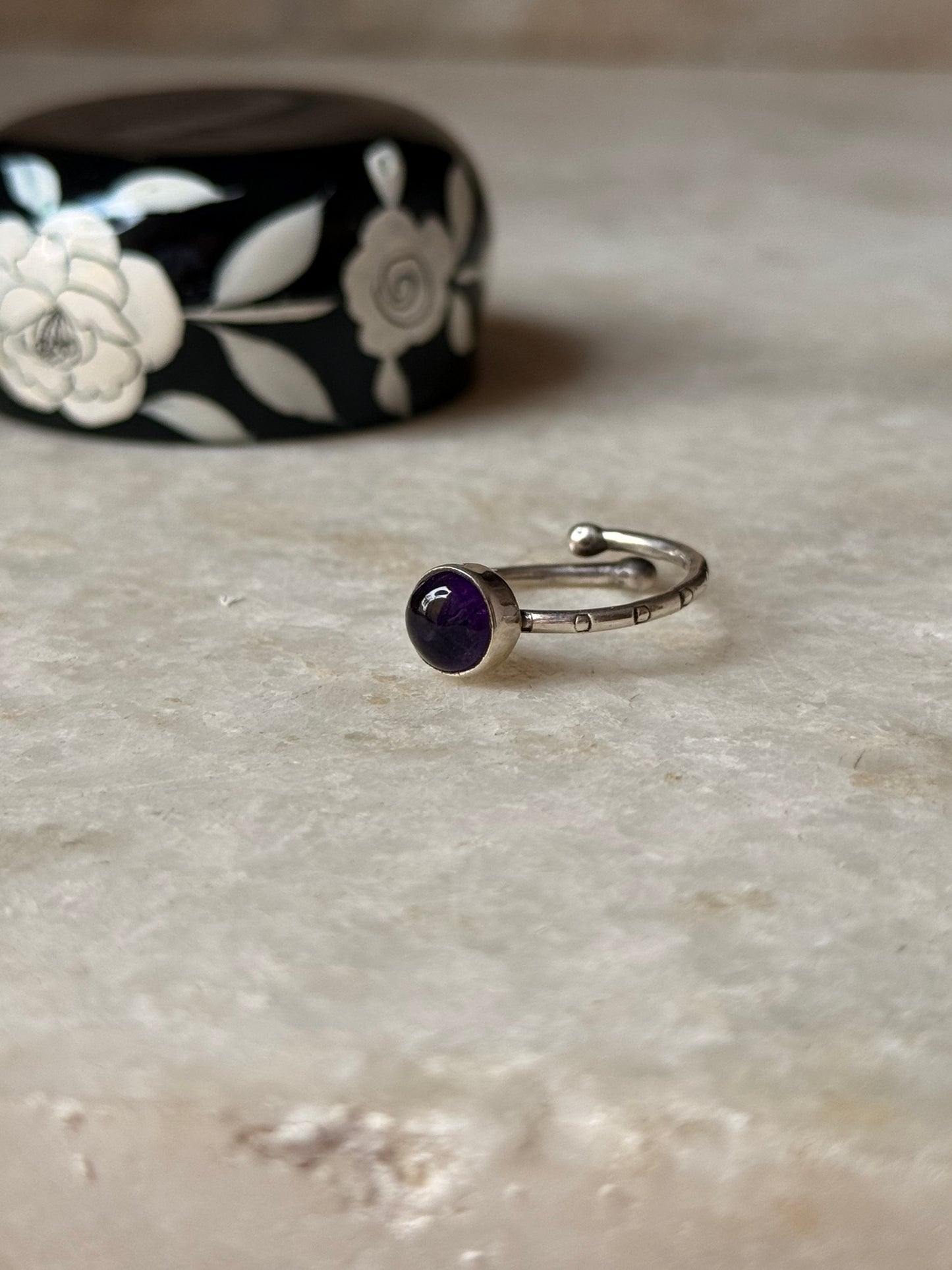 Amethyst Round Tribal Engraved Adjustable 925 Sterling Silver Ring