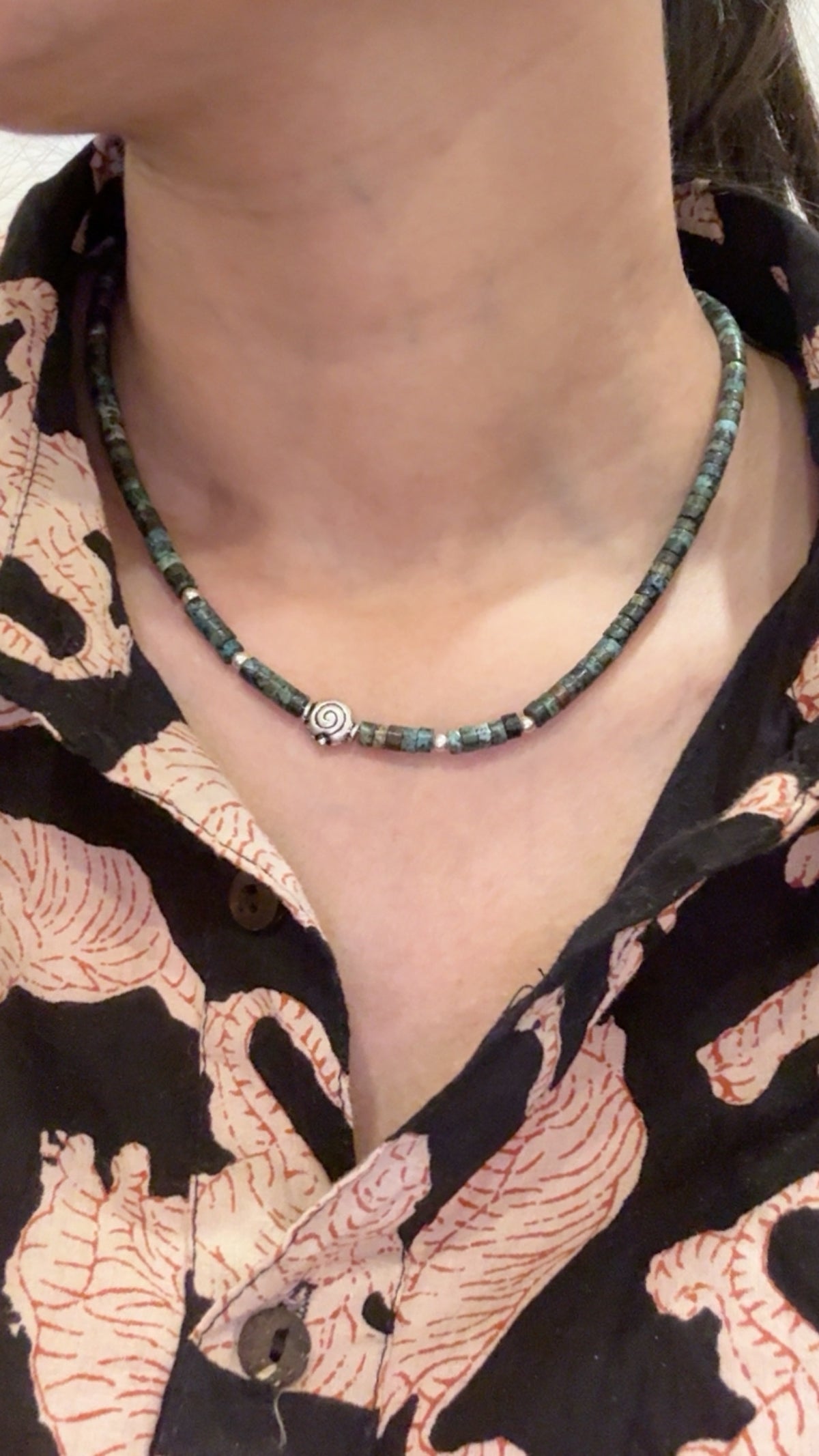925 Sterling Silver African Turquoise Flat Tube Crystal Spiral Charm With Silver Balls Necklace
