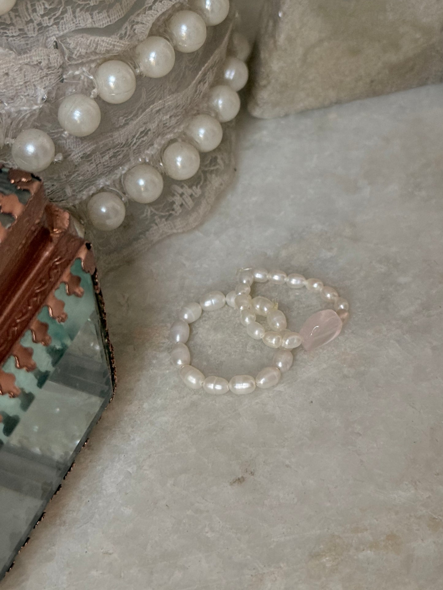 Natural Crystal Stretchy Fresh Water Pearls & Rose Quartz Round Rings